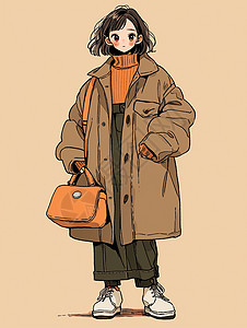 拿着橙色手提包穿棕色外套的时尚卡通女孩图片