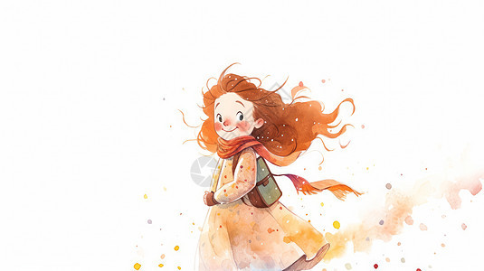 秋天背着小包面带微笑的可爱卡通小女孩图片