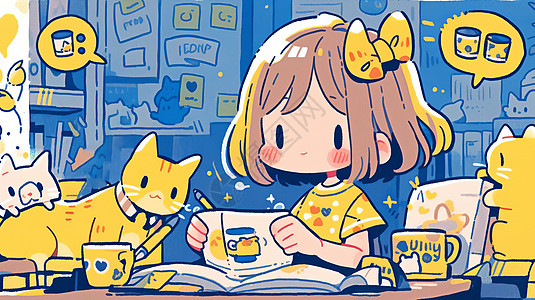 头上带黄色蝴蝶结的可爱卡通小女孩在看书高清图片
