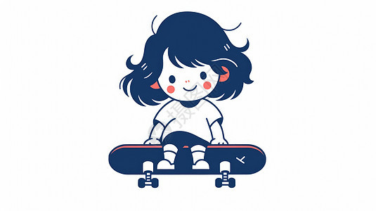 坐在滑板上微笑的卡通女孩图片
