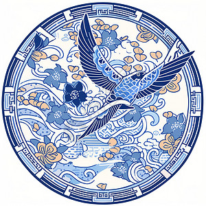 海浪线条圆形中国风卡通插画飞翔的小鸟插画