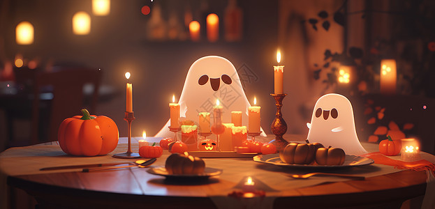 在餐桌上围绕着蜡烛的可爱卡通小幽灵们图片