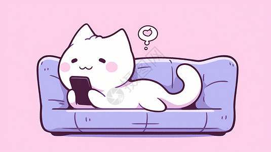 卧在紫色沙发上开心看手机的可爱卡通小白猫图片