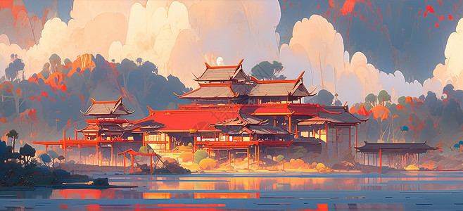 秋天傍晚湖边一座红色喜庆的卡通古建筑图片