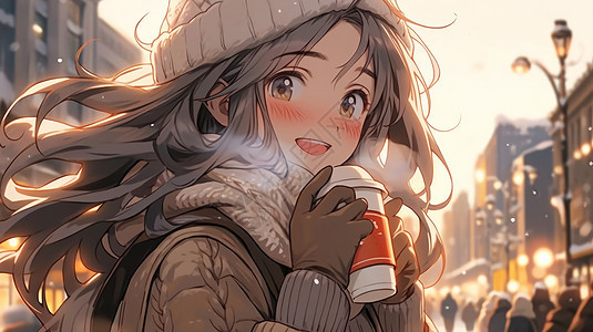 冬天在街上抱着热饮的可爱卡通女孩图片