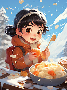下雪天在外面雪地里开心吃东西的卡通小女孩图片