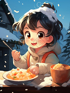 头上落雪开心吃东西的卡通小女孩图片