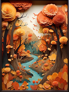 秋天立体漂亮的剪纸风卡通插画背景图片