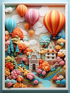 可爱的卡通森林中两座小小的房子天空飞着很多热气球卡通装饰画图片