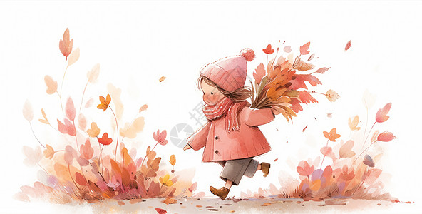 小女孩奔跑戴着粉色毛线帽奔跑在草丛中的可爱卡通女孩插画