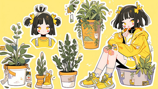 穿黄色外套坐在花盆上可爱的卡通小女孩与植物盆栽图片