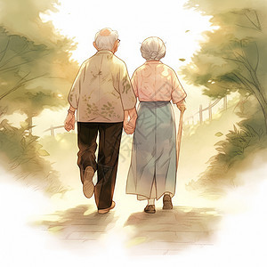手拉手一起散步的卡通老爷爷老奶奶背影图片