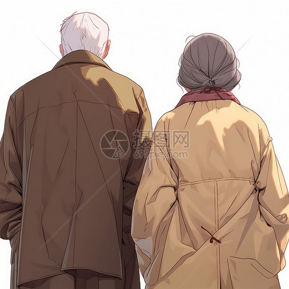 穿着风衣的卡通中老年夫妻背影图片