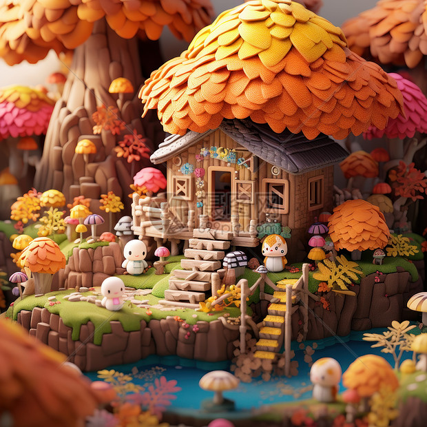 秋天立体可爱的卡通小房子图片