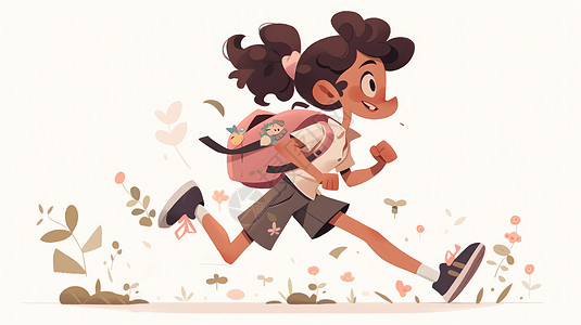 背着粉色开心奔跑去上学的可爱卡通女孩图片