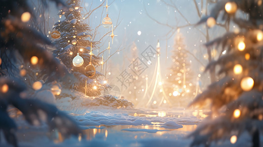 圣诞树背景冬天雪后节日氛围十足的卡通森林插画