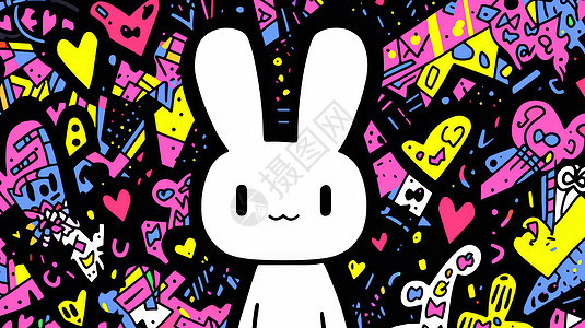 微笑可爱的卡通小白兔涂鸦风背景图片