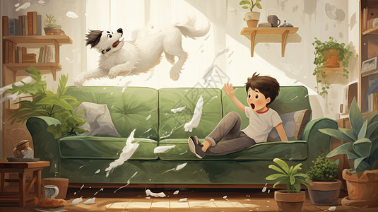 飞跳起弄撒东西的卡通宠物狗与惊讶的卡通男孩图片