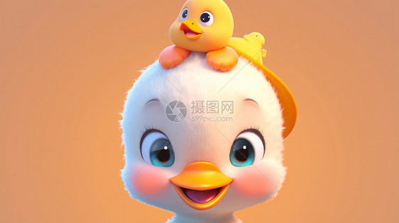 毛茸茸可爱的卡通小鸭子头上顶着黄色卡通橡皮鸭图片