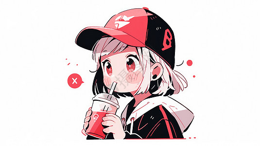戴着棒球帽喝奶茶的可爱卡通小女孩图片