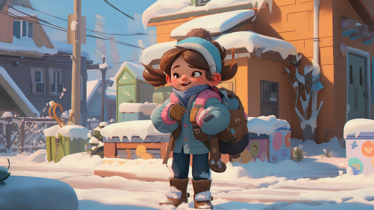 冬天雪后站在街上背着书包的可爱卡通女孩图片