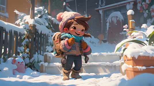 冬天雪后准备去上学的可爱卡通小女孩背景图片