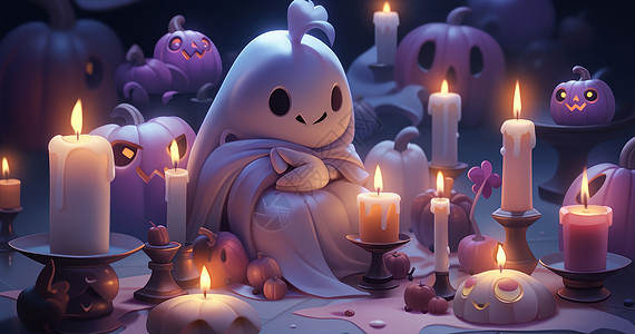 万圣节立体可爱的卡通幽灵在点燃蜡烛的房间图片
