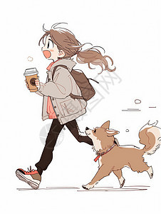 端着热咖啡奔跑着急上班的卡通女孩宠物狗跟在身后图片