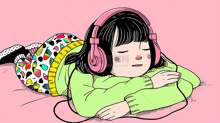 戴着粉色耳麦宅在家听音乐的卡通女孩图片