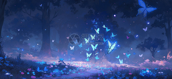 夜晚飞舞在森林中很多漂亮的蓝色蝴蝶图片