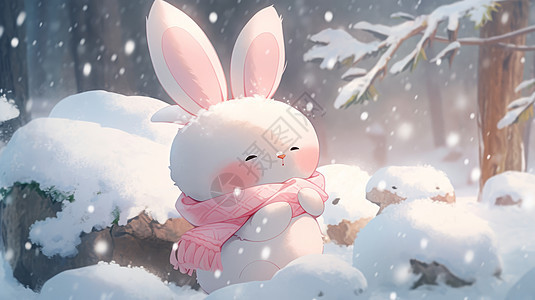 冬天大雪中戴粉色围巾的卡兔子图片