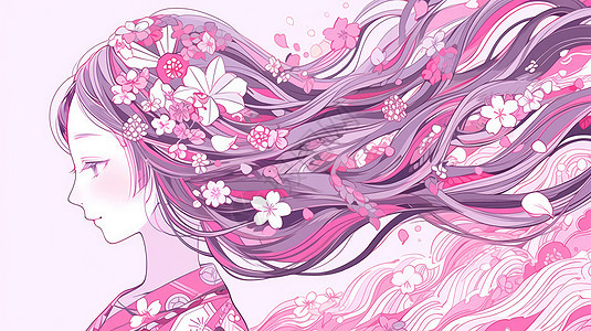 满头花朵粉色调漂亮的卡通女孩插画图片