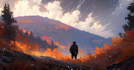 秋天在山中戴着帽子的卡通人物背影向远处走去图片