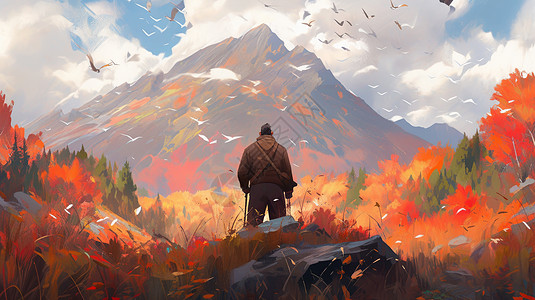 秋天在山中看着远处大山的卡通男人背影背景图片