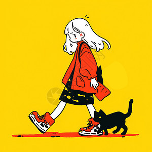 穿红色外套正在走路的卡通女孩与宠物猫图片