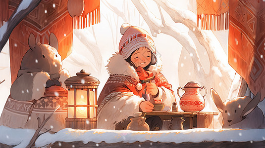 与小动物们在大雪中开心喝茶的卡通女孩图片