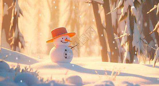冬天雪后在森林中的可爱卡通小雪人背景图片