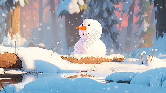 有胡萝卜鼻子的可爱卡通小雪人在森林中图片