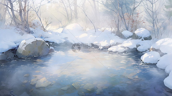 冬天森林中的卡通温泉图片