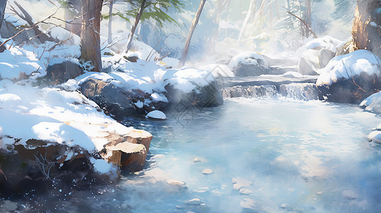 冬天雪后森林中云雾缭绕的卡通温泉图片
