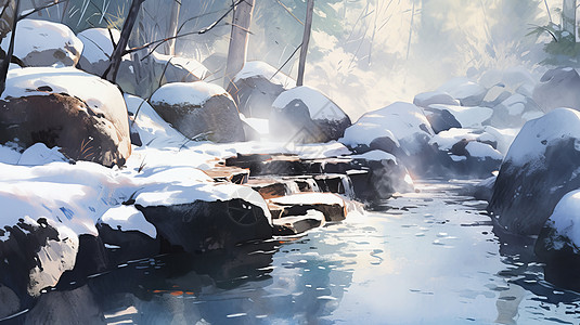 冬天在山中大石头间的卡通小溪温泉图片