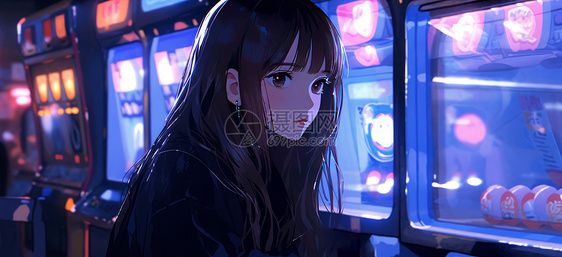 夜晚坐在游戏机旁的时尚卡通女孩图片