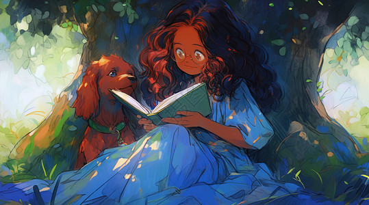 深色皮肤可爱的长发卡通小女孩与小狗在树下看书图片