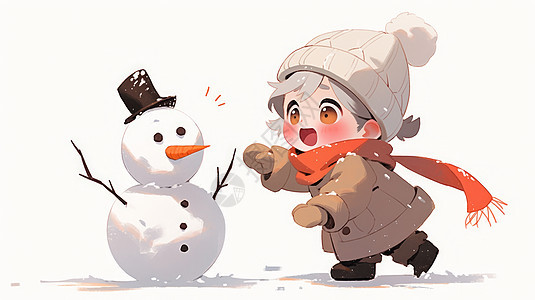 围着红色围巾在雪地中与雪人玩耍的卡通小孩图片