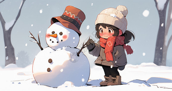 冬天在雪地中与大大的雪人站在一起的卡通女孩图片