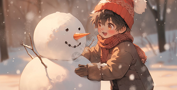 冬至节气戴着红色毛线帽开心堆雪人的卡通男孩插画