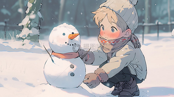 冬天在森林中堆雪人的卡通小男孩图片