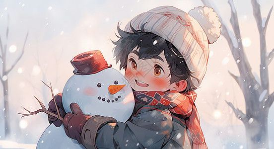 冬天抱着雪人开心笑的卡通男孩图片