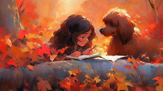 秋天在枫树林中与与宠物狗一起看书的卡通小女孩图片