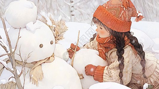 戴着红色毛线帽在雪地中玩耍的可爱卡通小女孩图片